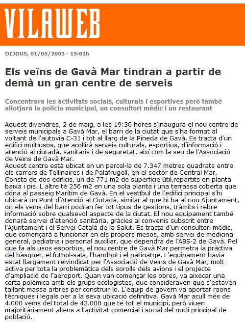 Notícia publicada a VILAWEB sobre la inauguració del nou Centre Cívic de Gavà Mar (1 de Maig de 2003)